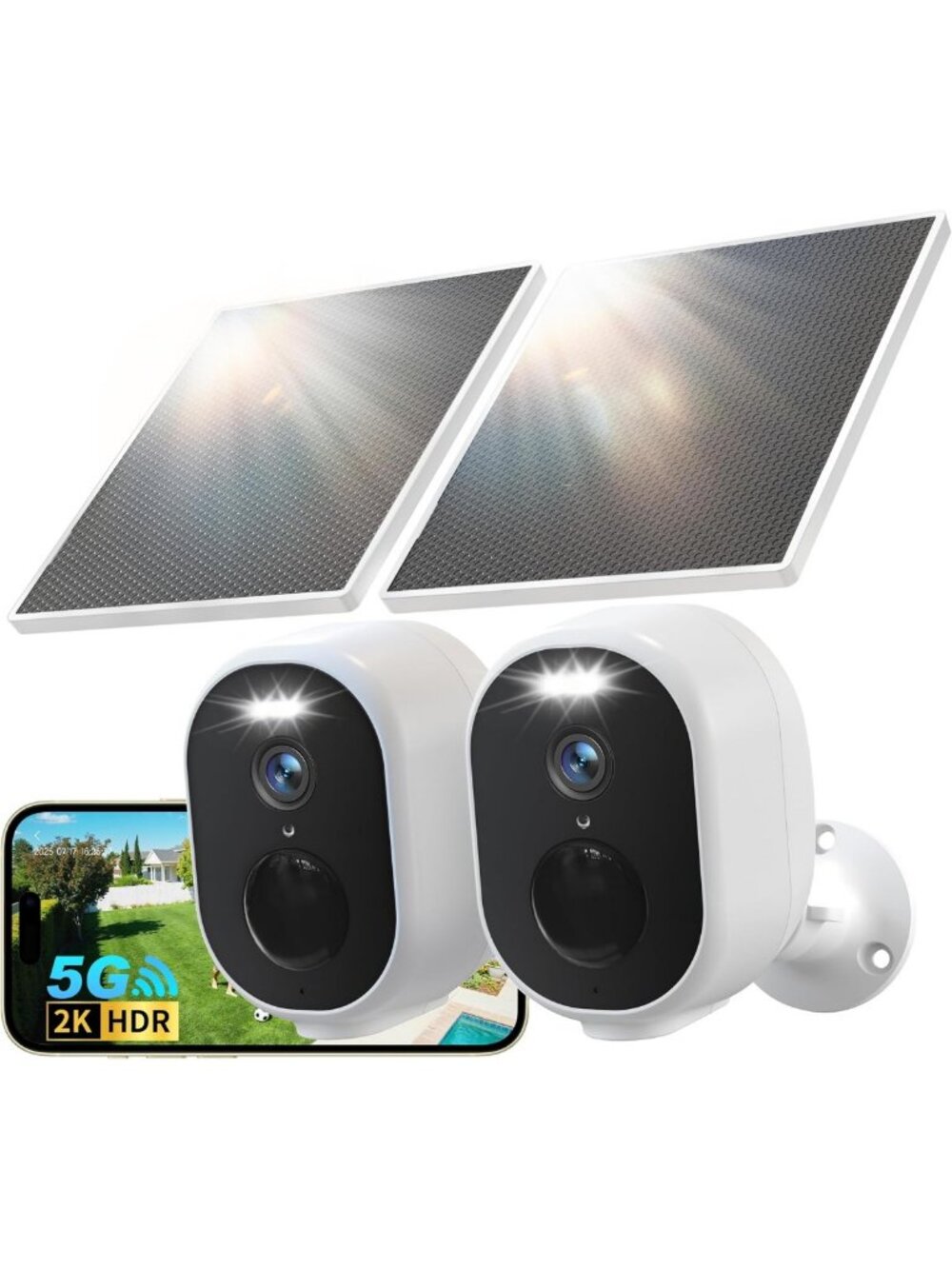 2 Pack Wireless Solar Security Cameras Outdoor, 5G & 2.4GHz WiFi, 2K HD Quality